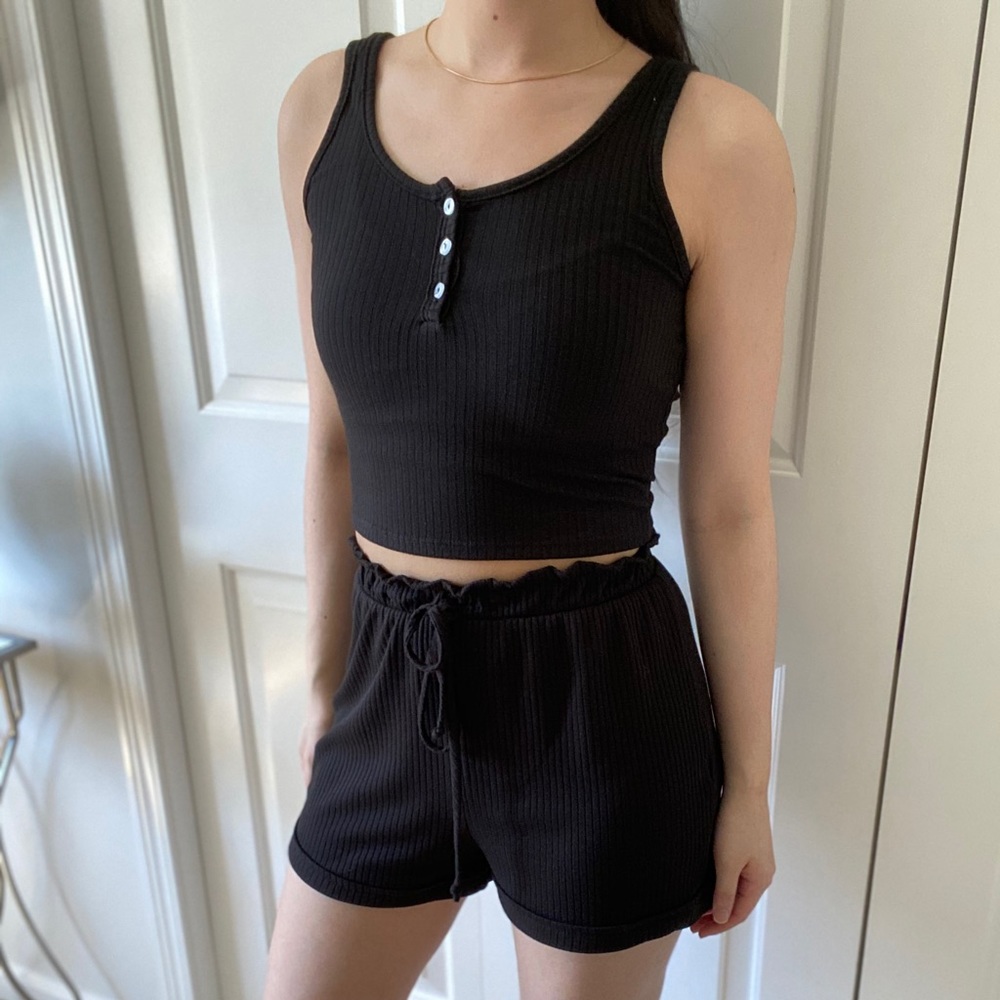REMINISCING - Black Ribbed Lounge Pajama 2 Piece Set, Tank Top & Shorts